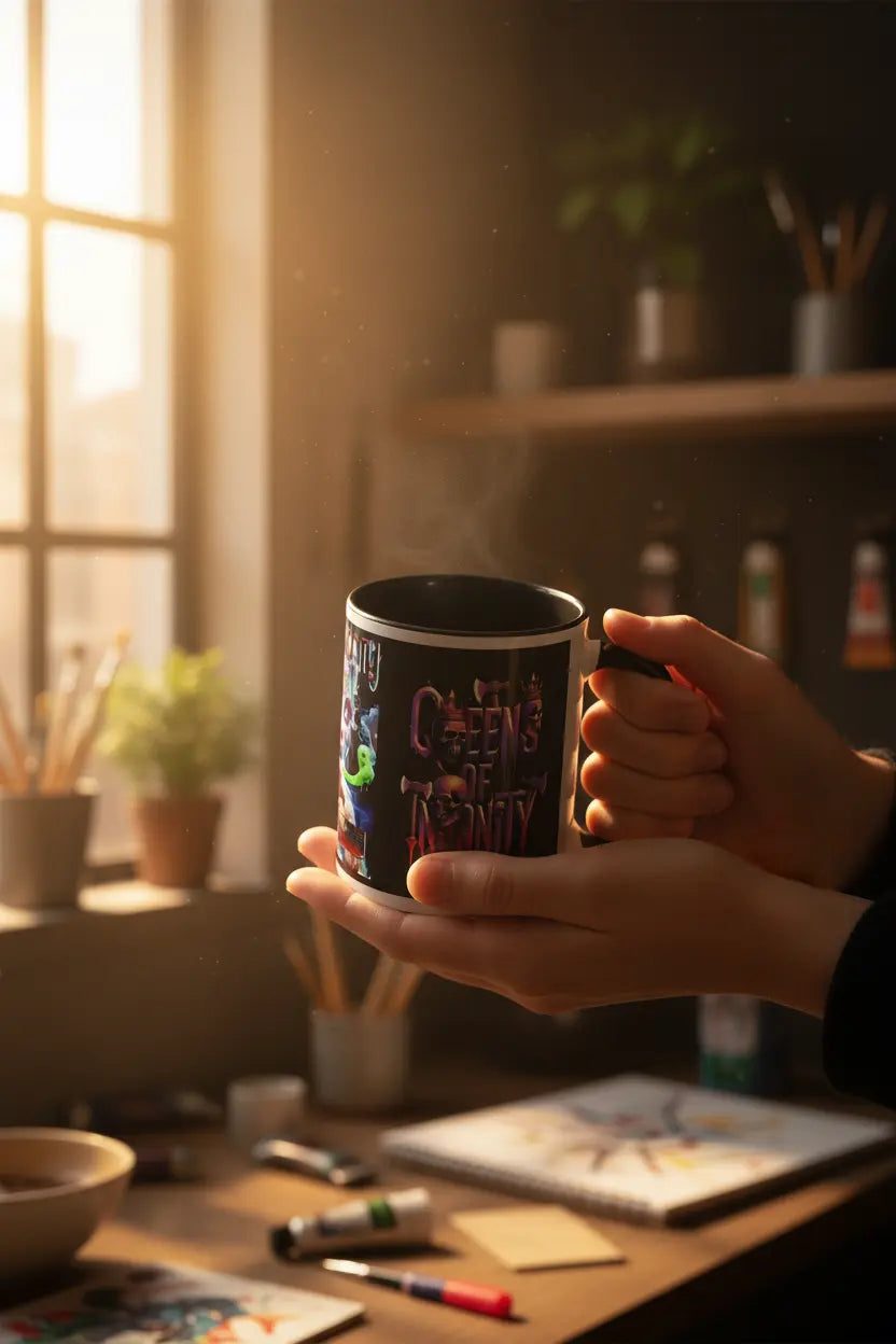 Hands holding mug with black interior visible