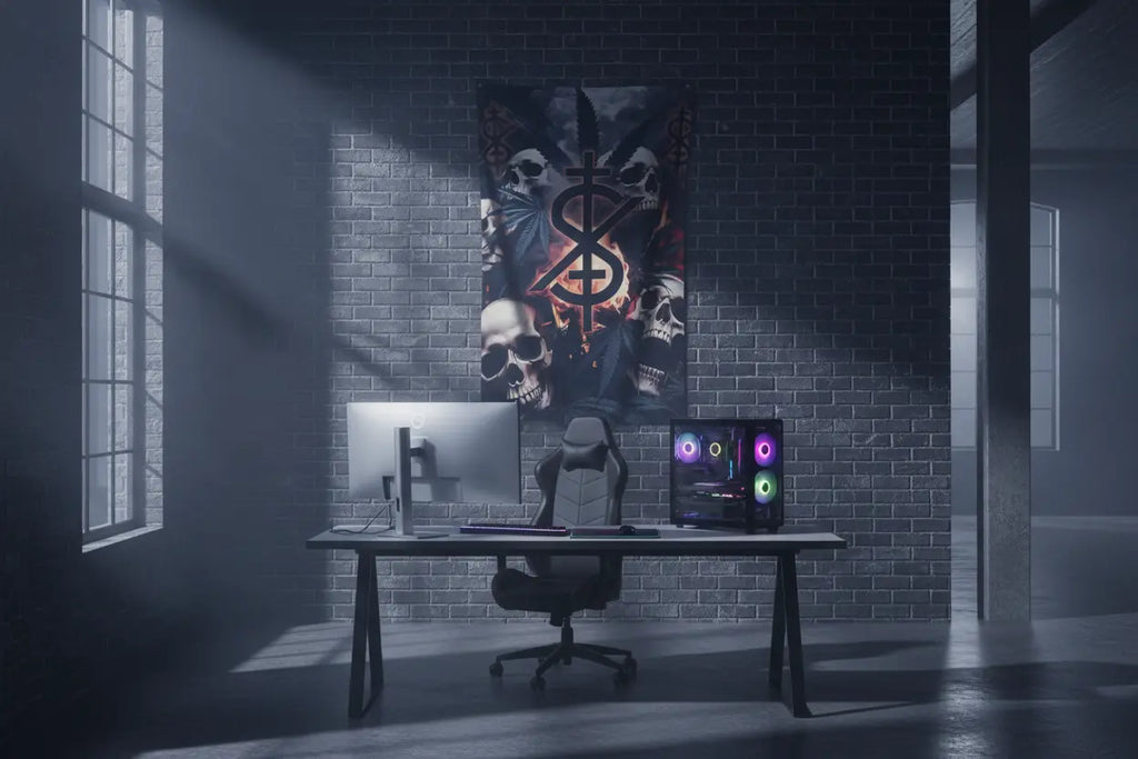 Insanity rainbow flame emblem flag displayed in modern urban loft with dramatic lighting