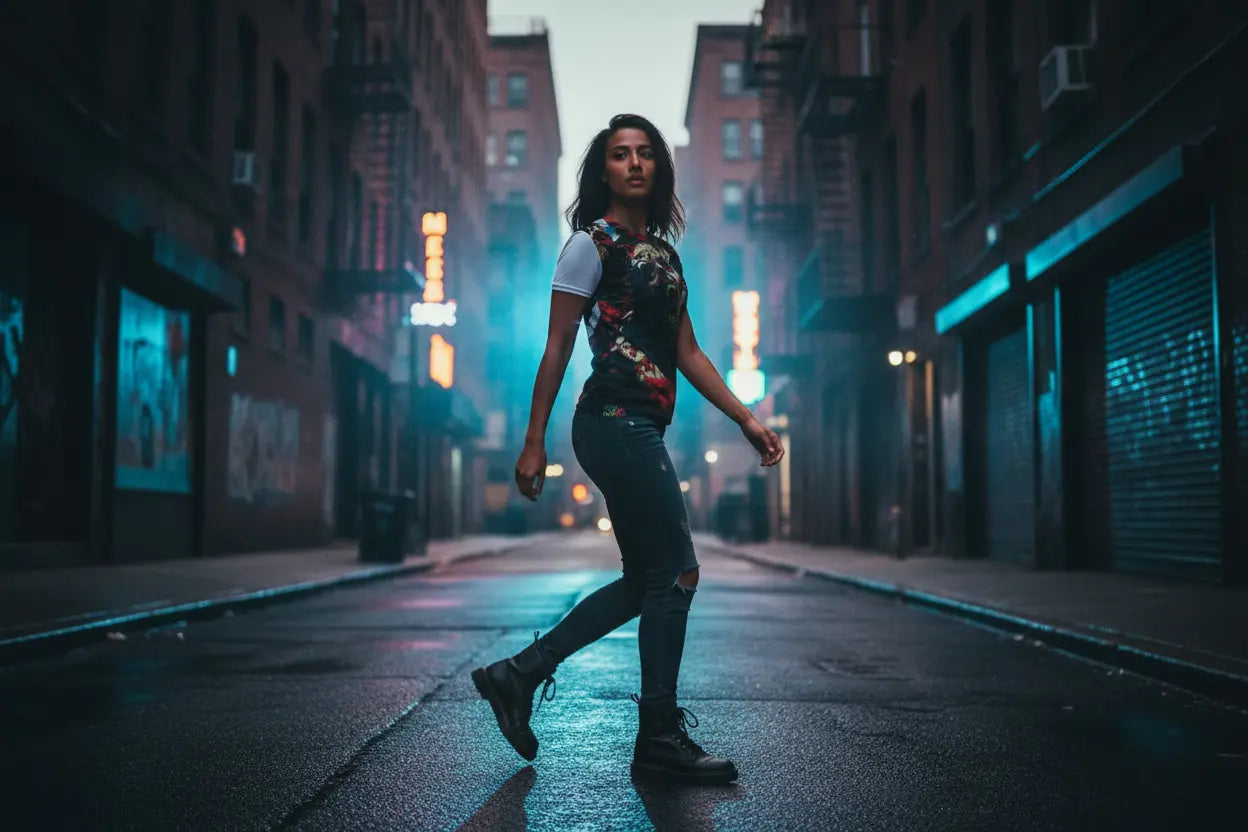 Insane Edition tee - urban motion shot with neon accents