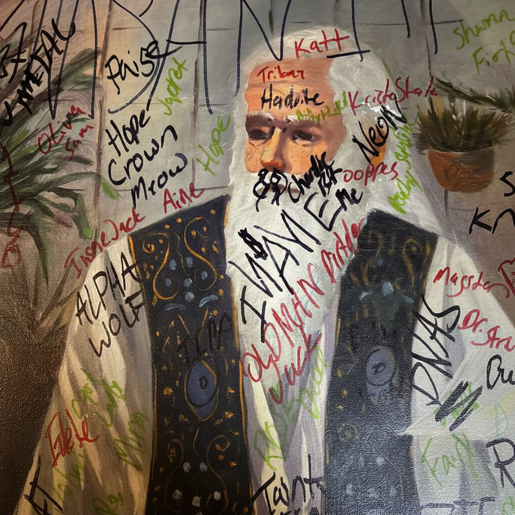 INSANE WISE MAN close-up detail of artist signature and brushwork texture