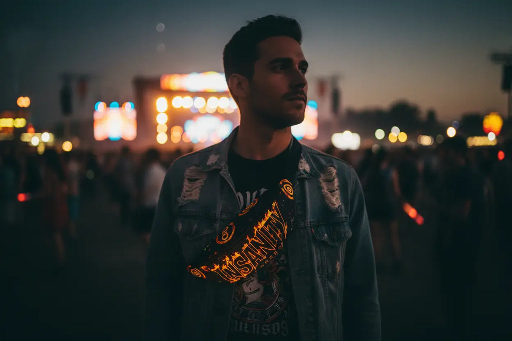 Rainbow Flame Fanny Pack worn at festival during golden hour - INSANITY streetwear