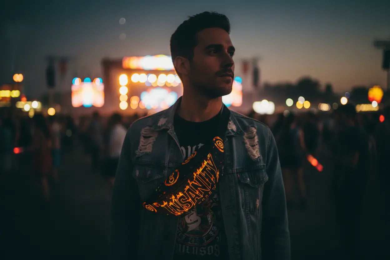 Rainbow Flame Fanny Pack worn at festival during golden hour - INSANITY streetwear