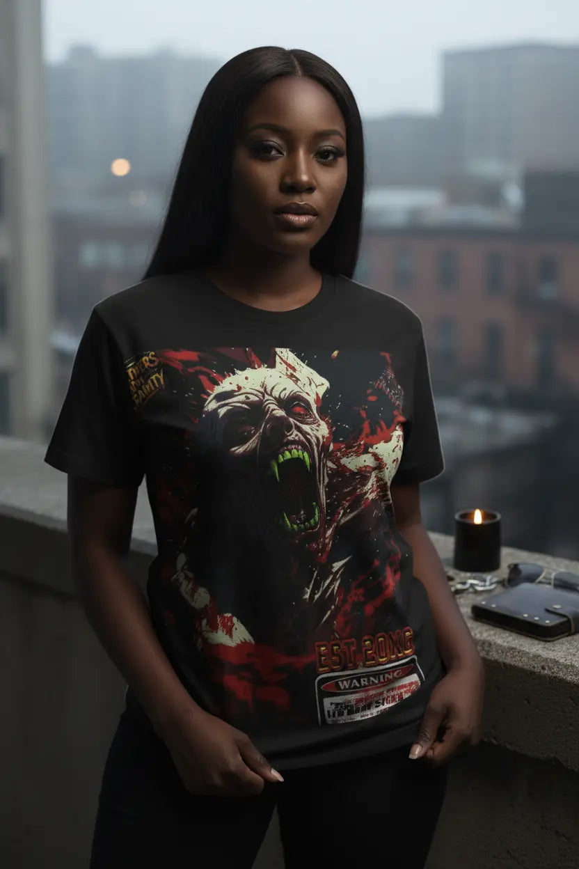 Insane Edition tee - close-up detail with cinematic lighting