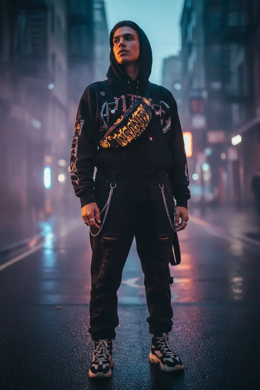 Flame fanny pack worn in urban streetwear scene with neon lights and atmospheric fog at dusk