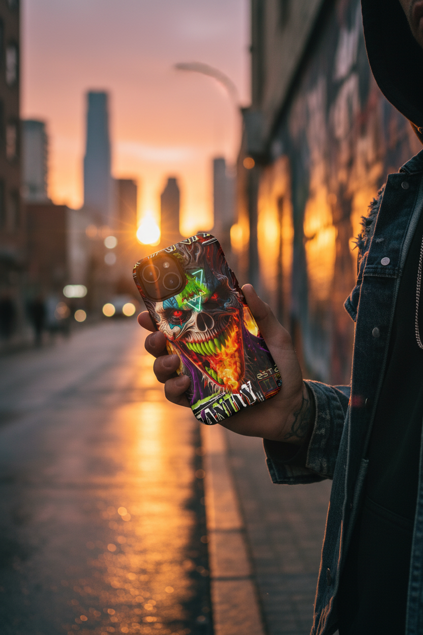 Rainbow flame iPhone case in urban streetwear setting at golden hour with city backdrop