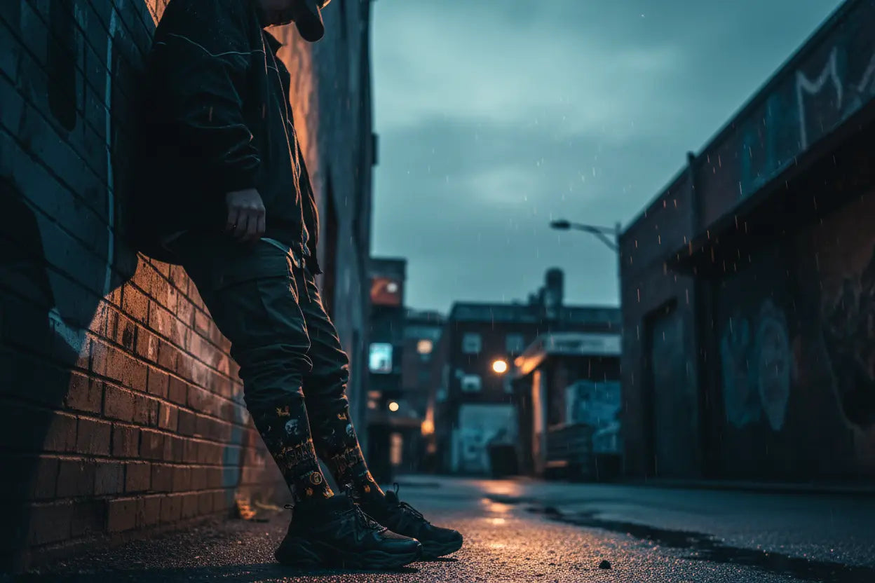 Premium rainbow flame socks streetwear lifestyle shot with cinematic lighting