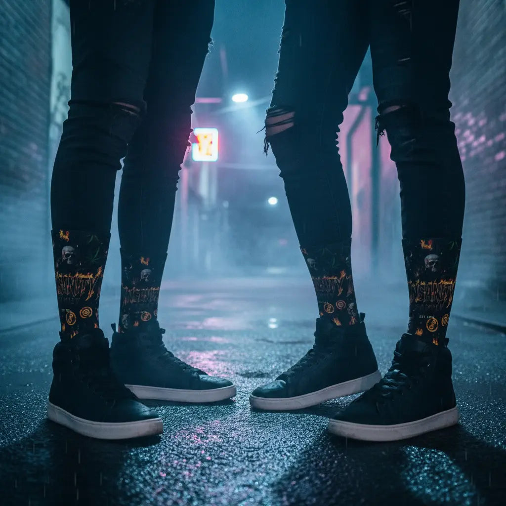 Rainbow flame crew socks worn in dramatic urban streetwear setting with bold lighting
