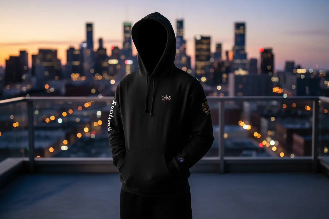 D. Nas Special Edition Champion® black hoodie editorial lifestyle shot in premium urban environment with moody atmospheric lighting