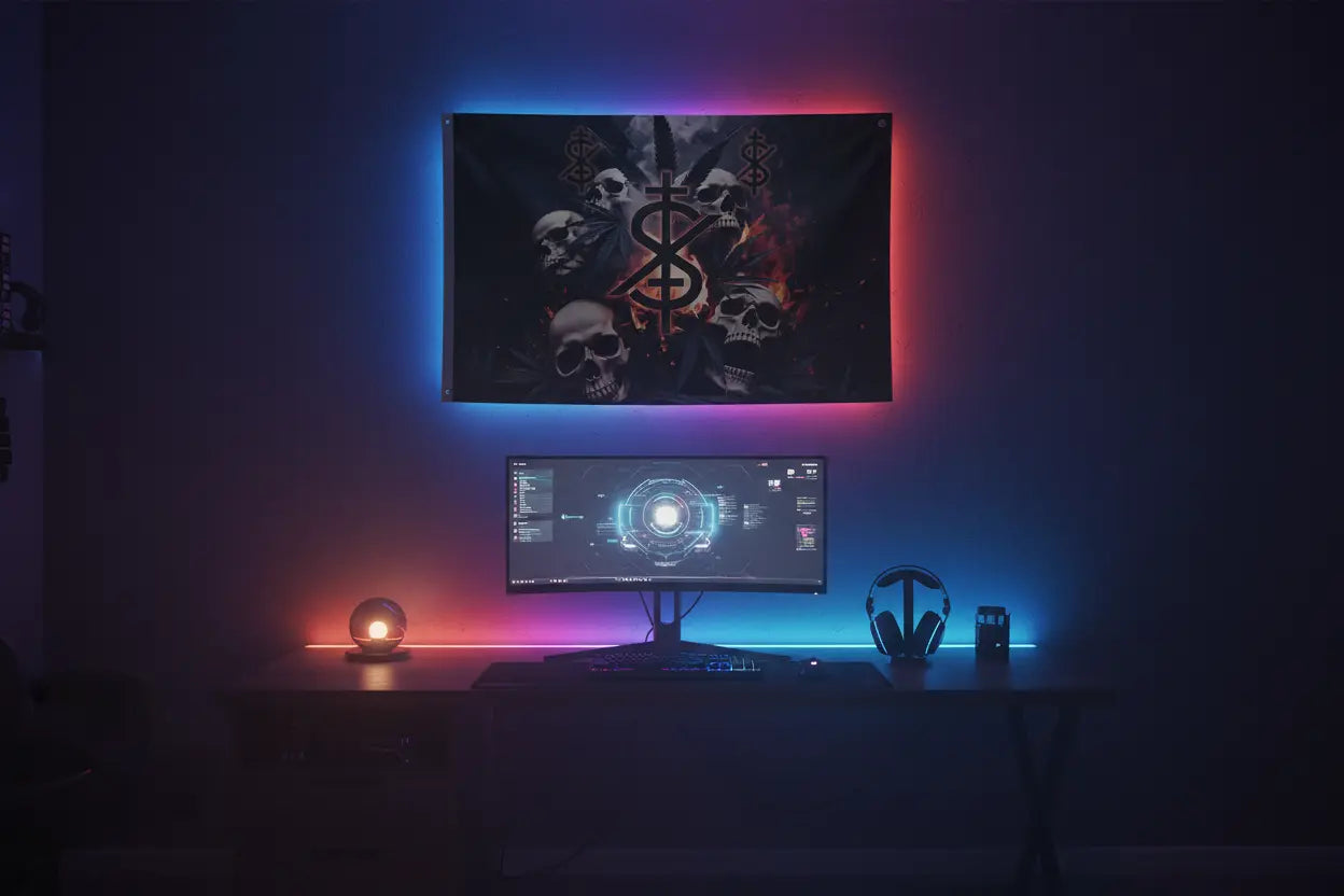 Insanity emblem flag in stylish gaming setup with RGB backlighting
