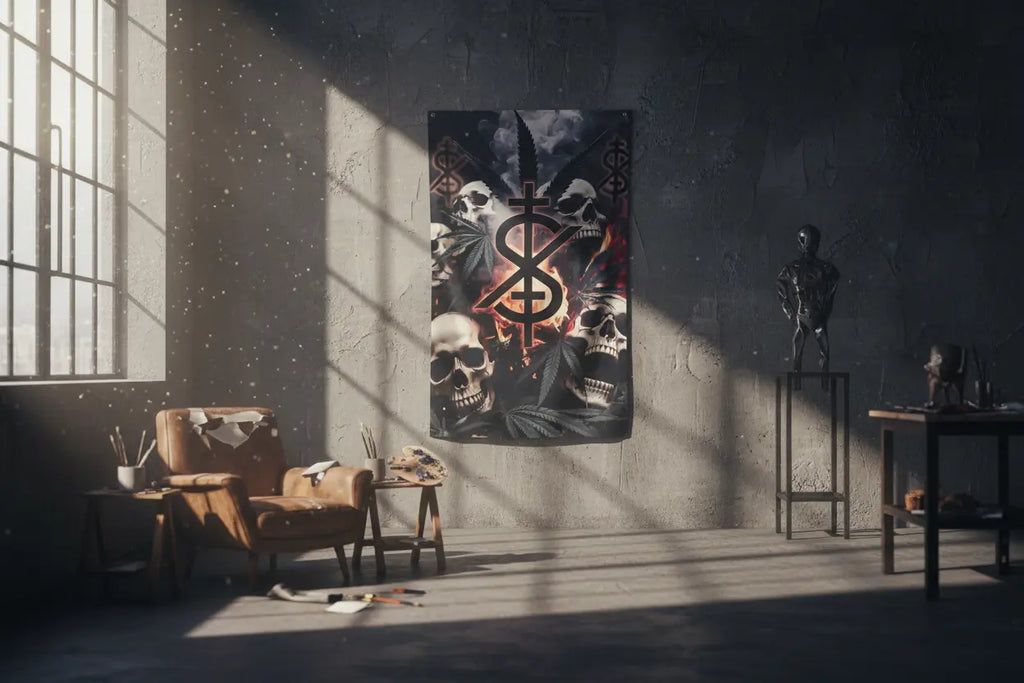 Insanity rainbow flame flag in creative studio workspace with natural lighting