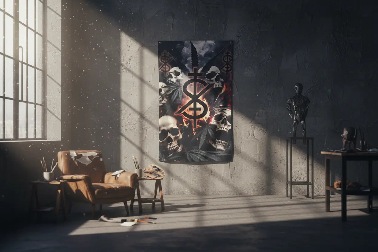 Insanity rainbow flame flag in creative studio workspace with natural lighting