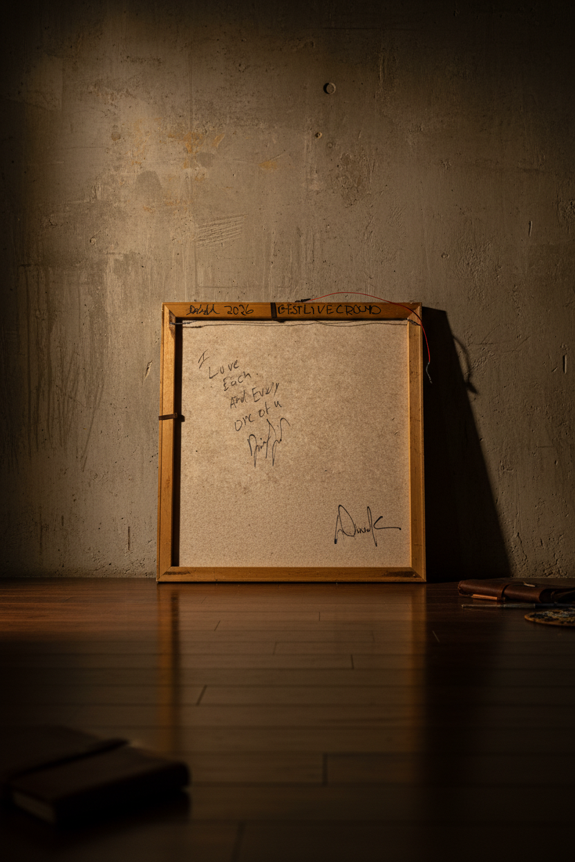 INSANE WISE MAN original painting propped in collector studio with golden cinematic lighting