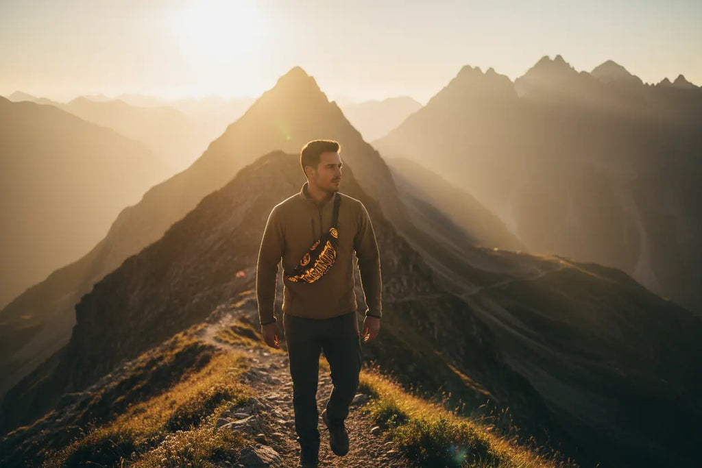 Flame fanny pack in adventure travel setting during golden hour with epic landscape background