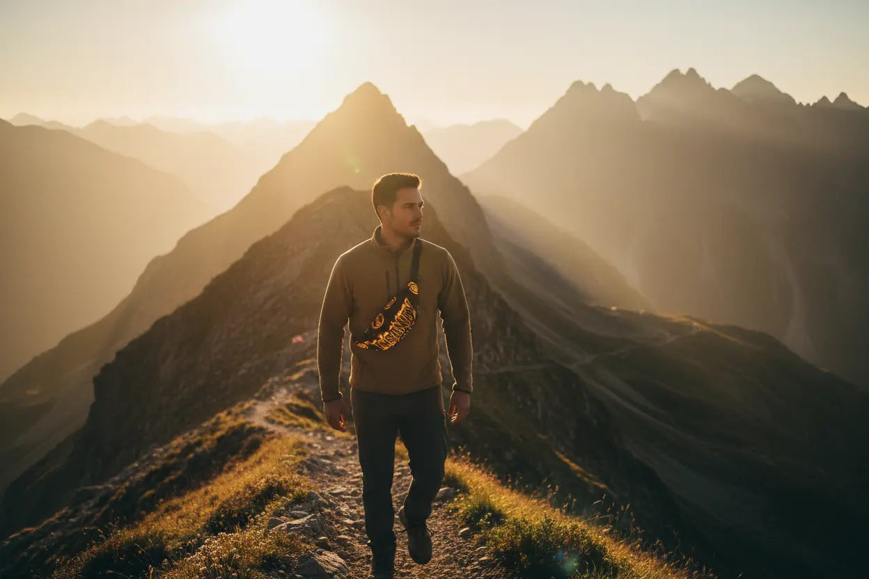 Flame fanny pack in adventure travel setting during golden hour with epic landscape background