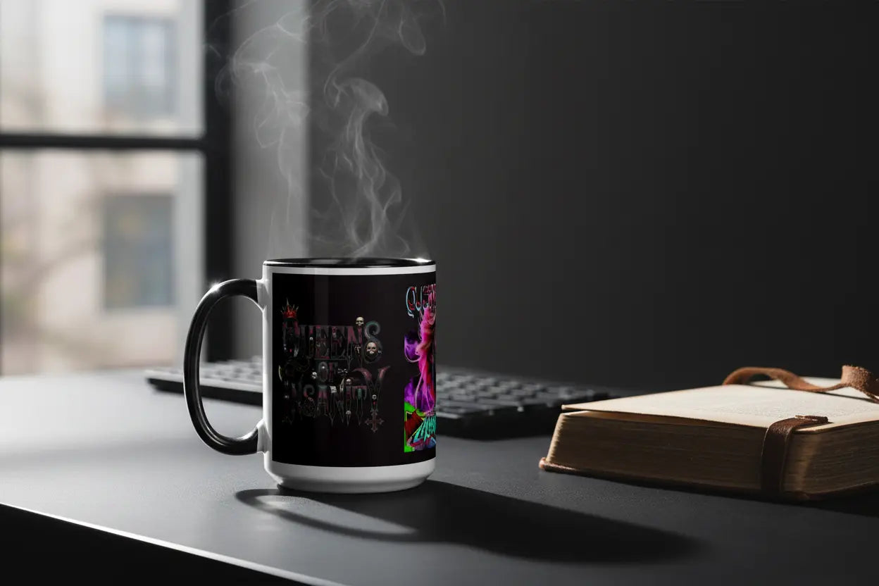 Modern desk setup with Queens of Insanity mug