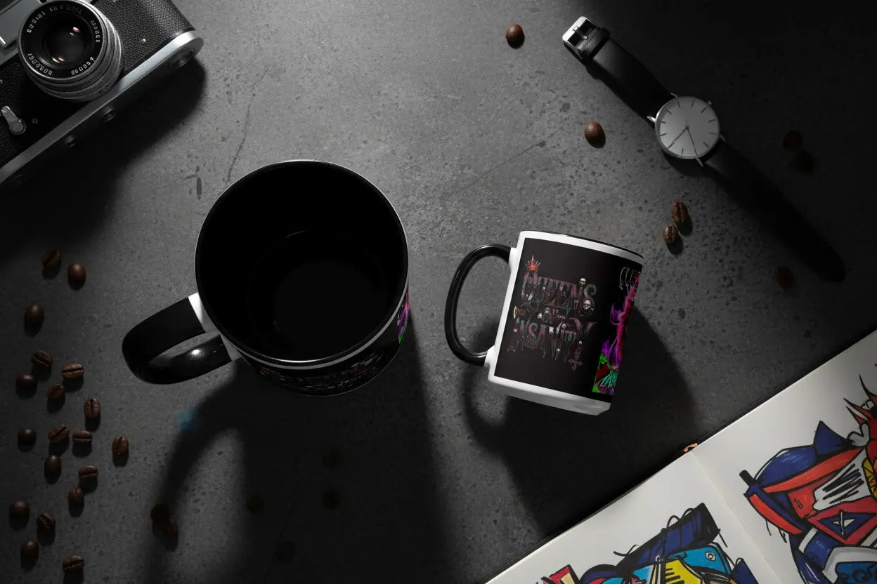 Overhead view of both white mugs