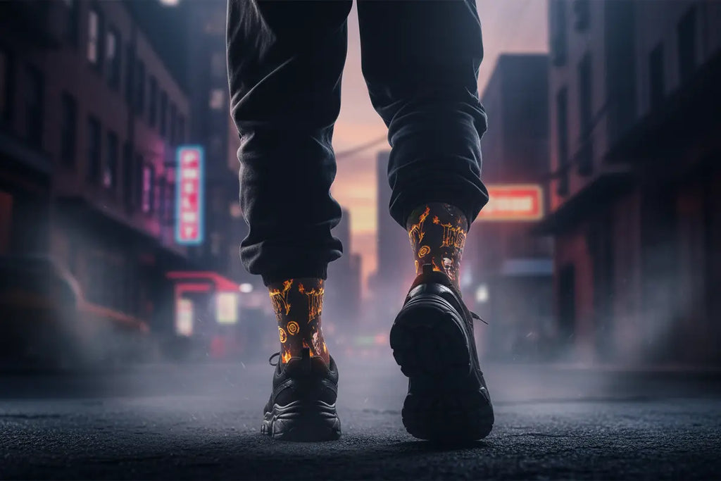 Rainbow flame socks action shot