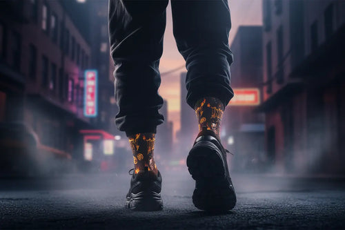 Rainbow flame socks action shot